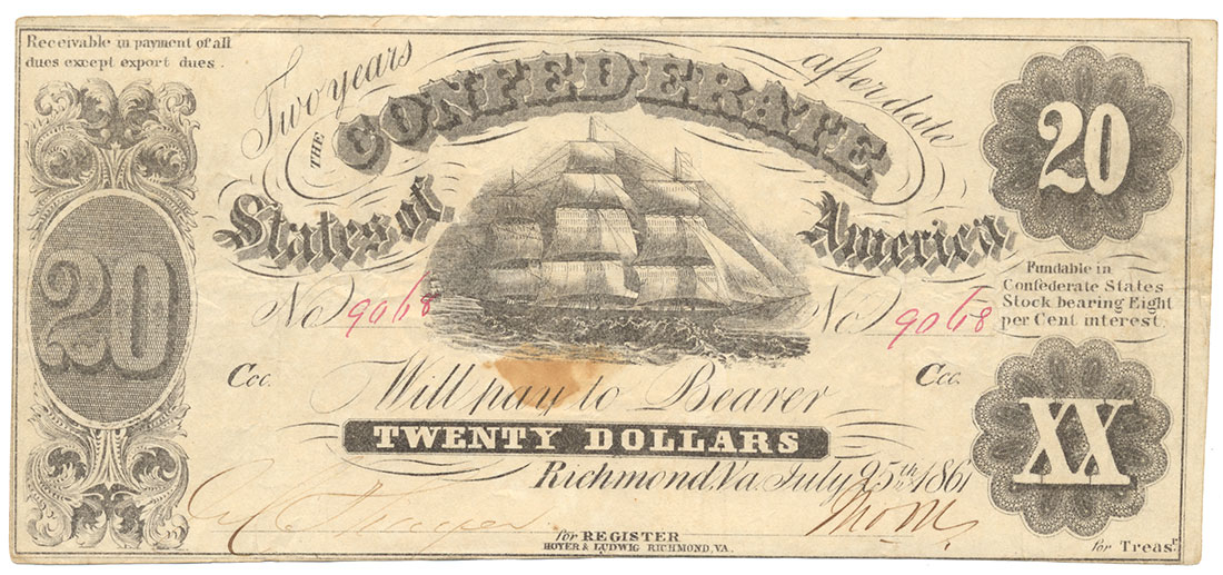 T-9 JULY 1861 CONFEDERATE STATES OF AMERICA $20 NOTE