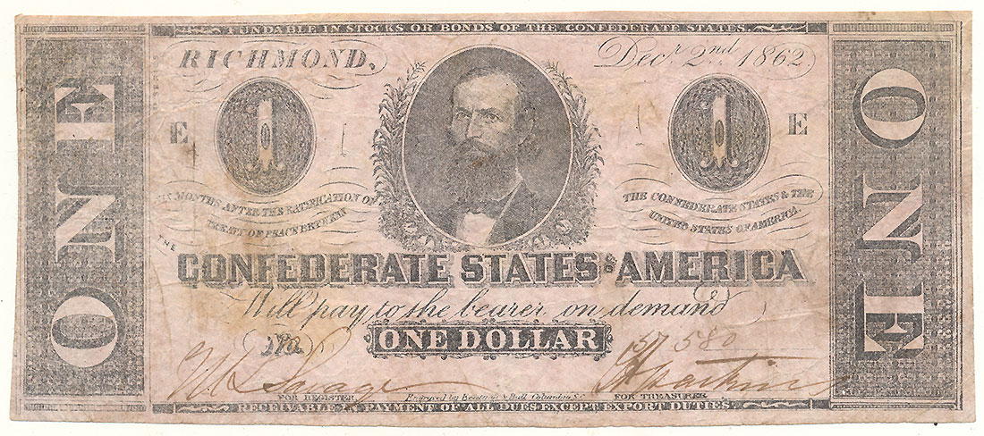 T-55 DECEMBER 1862 CONFEDERATE STATES OF AMERICA $1 NOTE