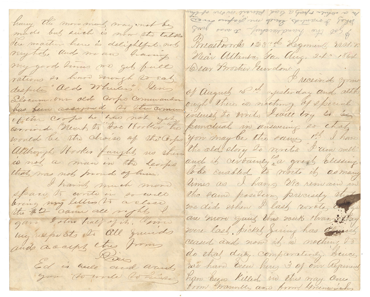 EXTRAORDINARY 123rd NY BATTLE LETTER – BREASTWORKS, NEAR ATLANTA – EX-GREG COCO COLLECTION