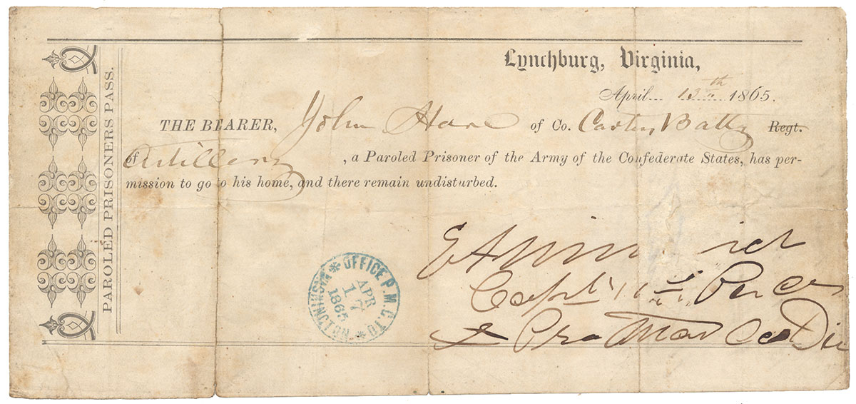 RARE 1865 PASS FOR PAROLED PRISONER – JOHN HARE, ASHBY’S HORSE ARTILLERY