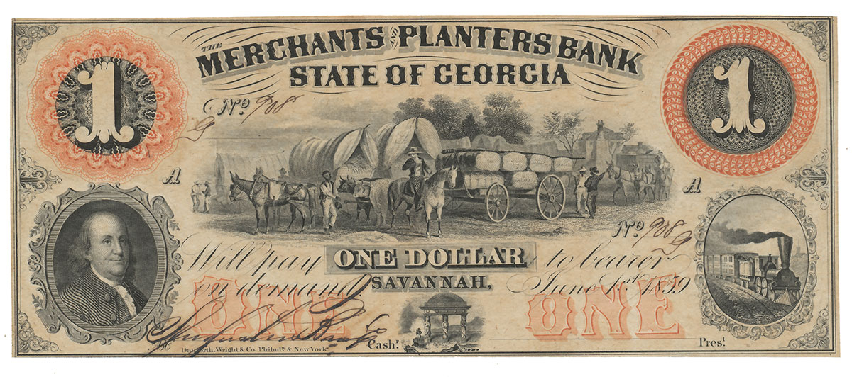 1859 GEORGA $1 NOTE FEATURING WAGONS & BEN FRANKLIN