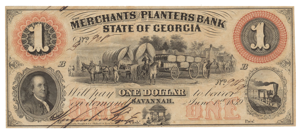 1859 GEORGA $1 NOTE FEATURING WAGONS & BEN FRANKLIN