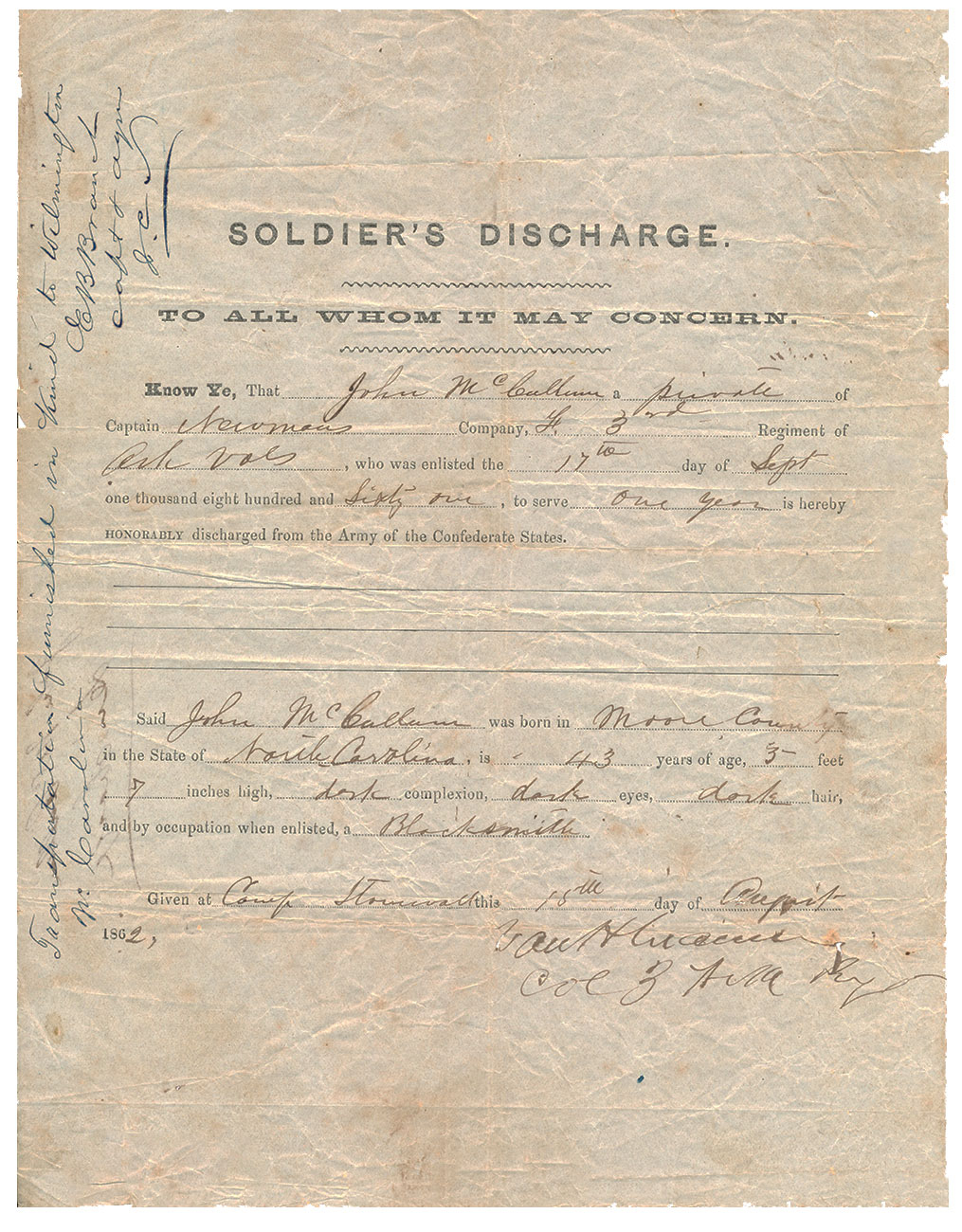 AUGUST, 1862 CONFEDERATE DISCHARGE – PVT. JOHN MCCOLLUM, 3rd ARKANSAS – EX COCO-COLLECTION