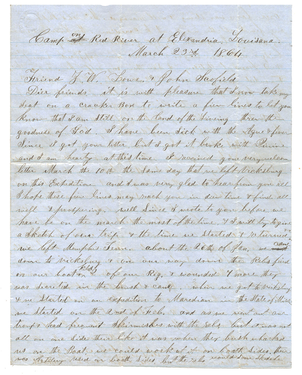 21st MISSOURI LETTER – PVT. MATTHEW SCOFIELD – 21st MISSOURI, PRE-RED RIVER CAMPAIGN WITH EXCELLENT COMBAT CONTENT (EX-COCO COLLECTION