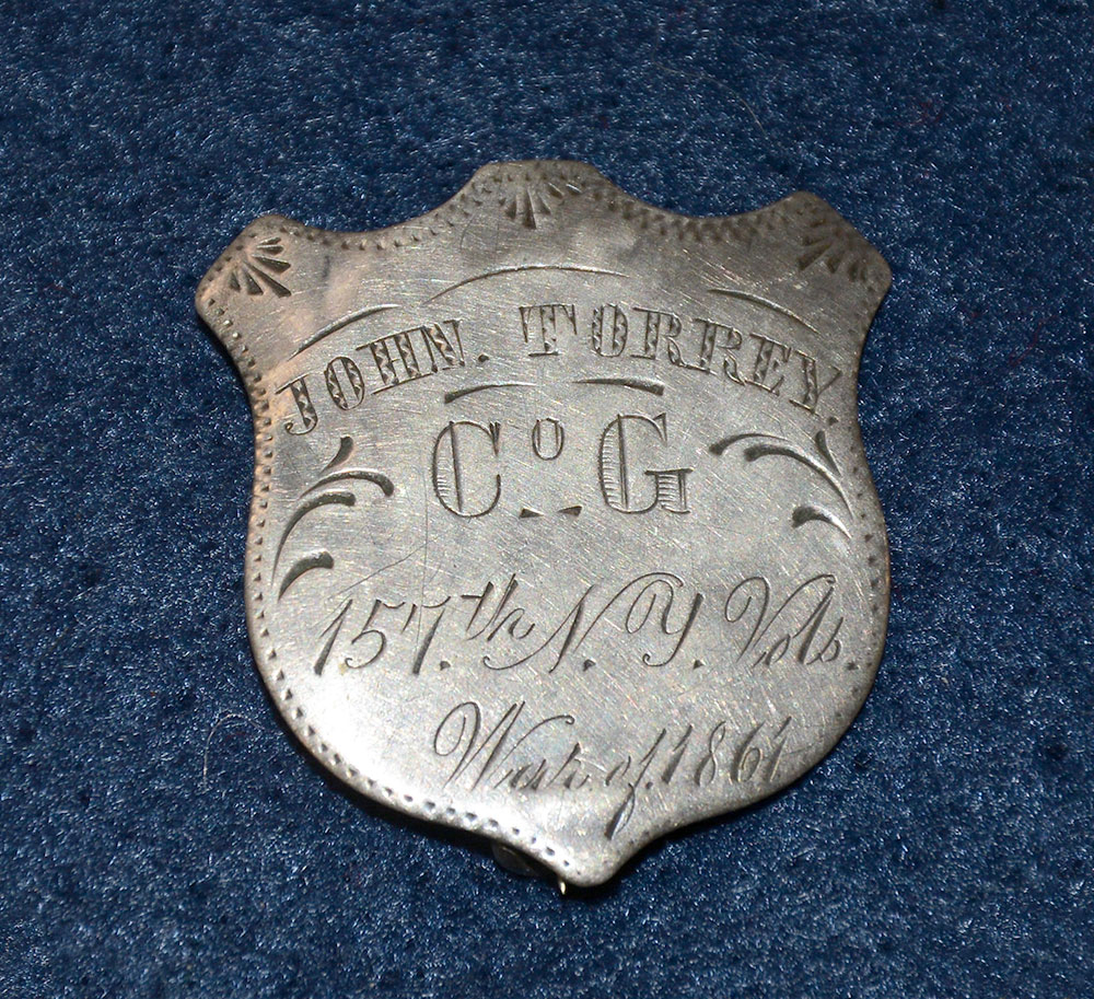 TAKEN PRISONER AT GETTYSBURG JULY 1, 1863! SILVER “WAR OF 1861” IDENTIFICATION SHIELD OF JOHN TORREY, 157th NEW YORK COMPANY G