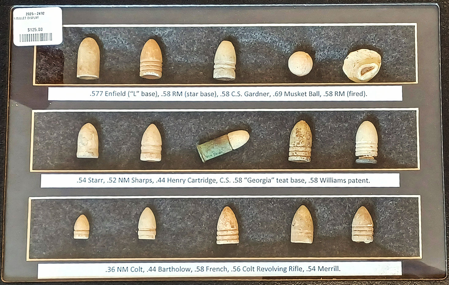 CIVIL WAR BULLET DISPLAY WITH LABELS