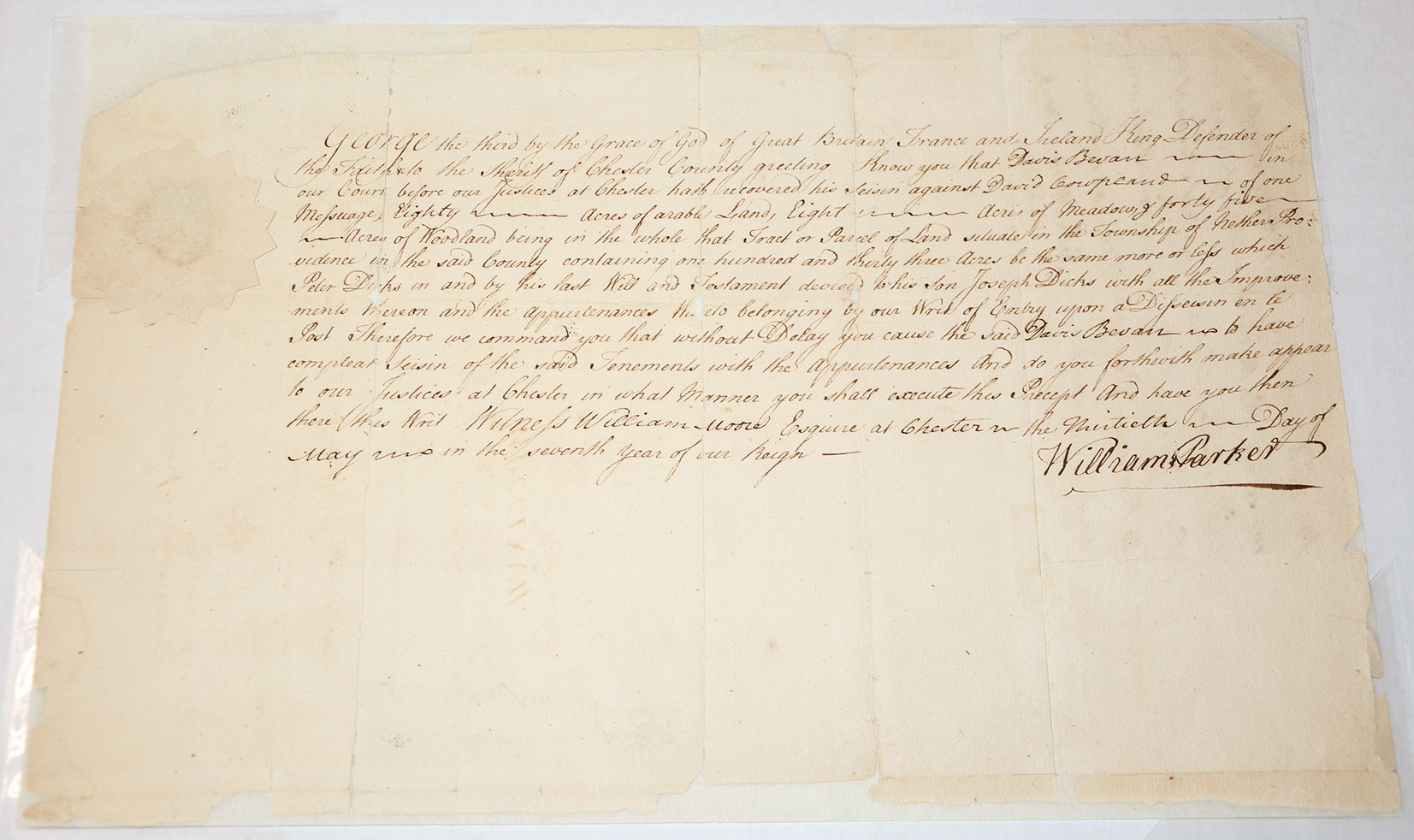 1767 LEGAL DOCUMENT SIGNED BY JOHN MORTON (DECLARATION OF INDEPENDENCE SIGNER) AS SHERIFF OF CHESTER COUNTY, PA