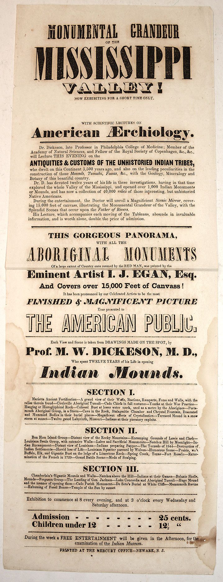 1851 ADVERTISEMENT – MISSISSIPPI VALLEY PANORAMIC PAINTING, ANTHROPOLOGICAL LECTURES, AND NATIVE INTEREST EVENTS – EX-COCO COLLECTION