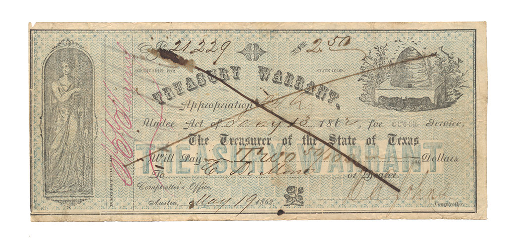 STATE OF TEXAS $2.50 TREASURY WARRANT, DATED 1862
