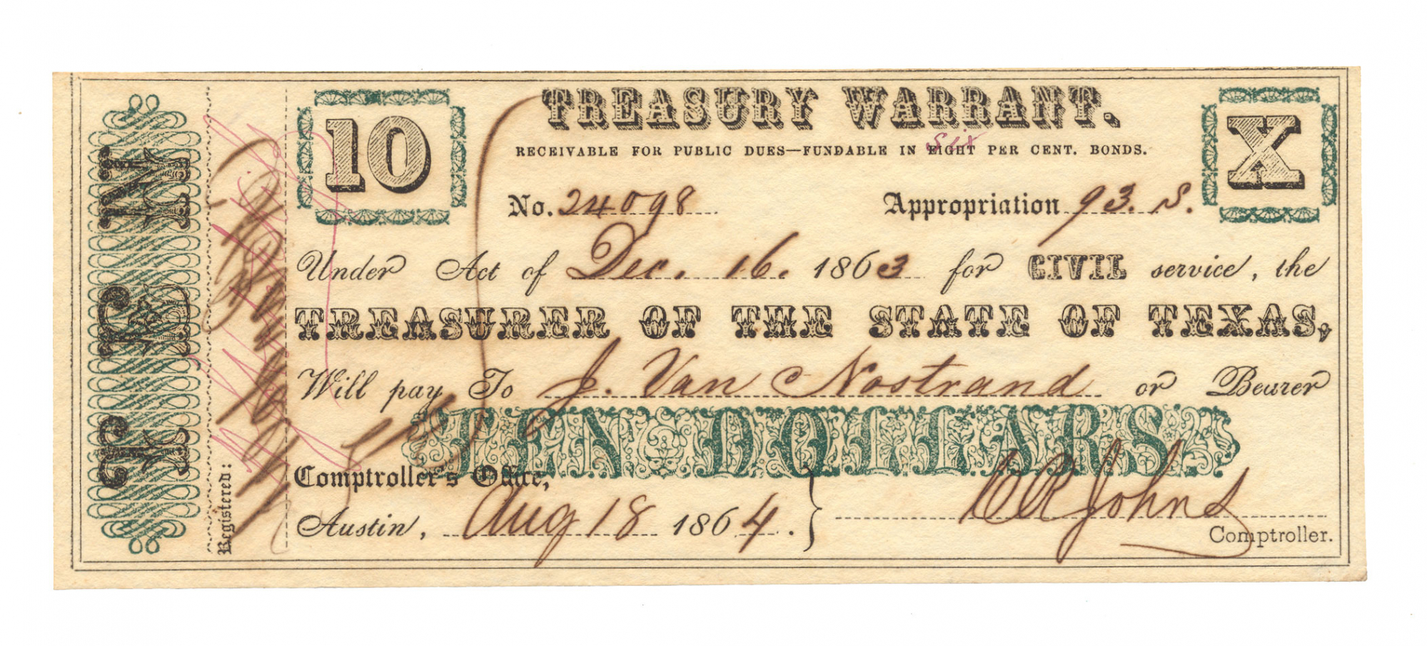 STATE OF TEXAS $10 TREASURY WARRANT, DATED 1864, SIGNED BY PRINCIPAL OF TEXAS SCHOOL FOR THE DEAF