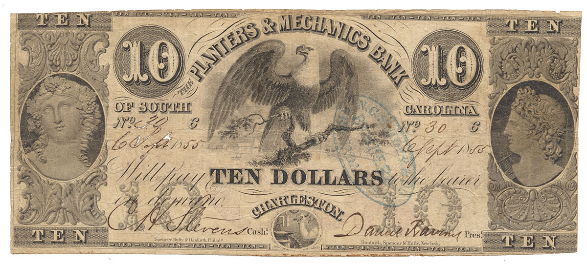 SOUTH CAROLINA 1855 $10 BILL SIGNED BY FUTURE CONFEDERATE GENERAL CLEMENT STEVENS