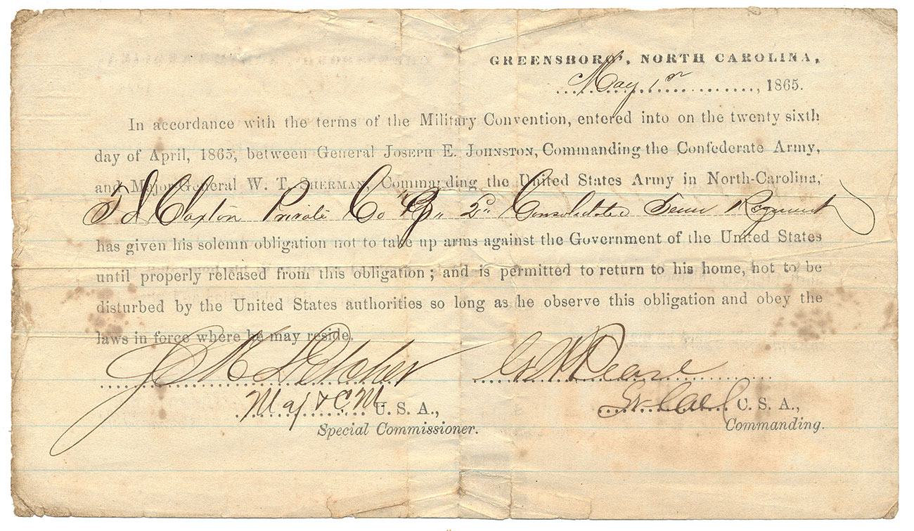 MAY 1, 1865, GREENSBORO PAROLE OF THOMAS J. CLAXTON, 13th TENNESSEE AND 2nd CONSOLIDATED TENNESSEE: SAW ACTION FROM SHILOH THROUGH THE CAROLINAS