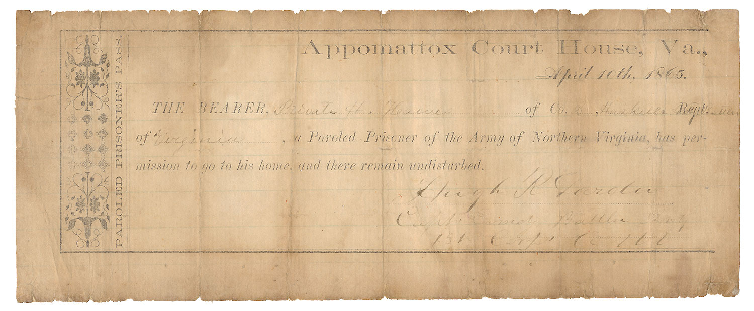 APPOMATTOX PAROLE OF THOMAS “HARRISON” HAWES, LAMKIN’S BATTERY, VA LIGHT ARTILLERY: EX-COCO COLLECTION