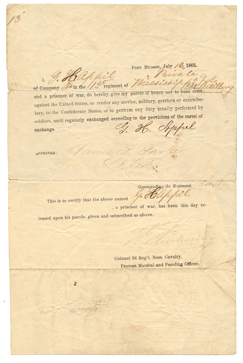 PORT HUDSON PAROLE OF GORGE H. APPEL CO. F, 1ST MISSISSIPPI LIGHT ARTILLERY, WIA, WITH RELATED WARTIME DOCUMENTS, EX-COCO COLLECTION 
