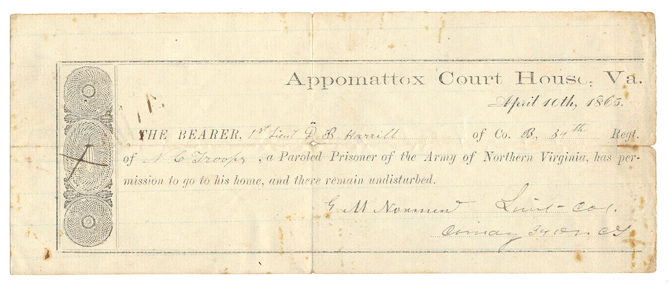 APPOMATTOX PAROLE OF LT. DAVID BEAM HARRILL COMPANY B 34th NORTH CAROLINA: PICTURED IN UNIFORM IN MAST VOLUME 1: NC STATE TROOPS AND VOLUNTEERS