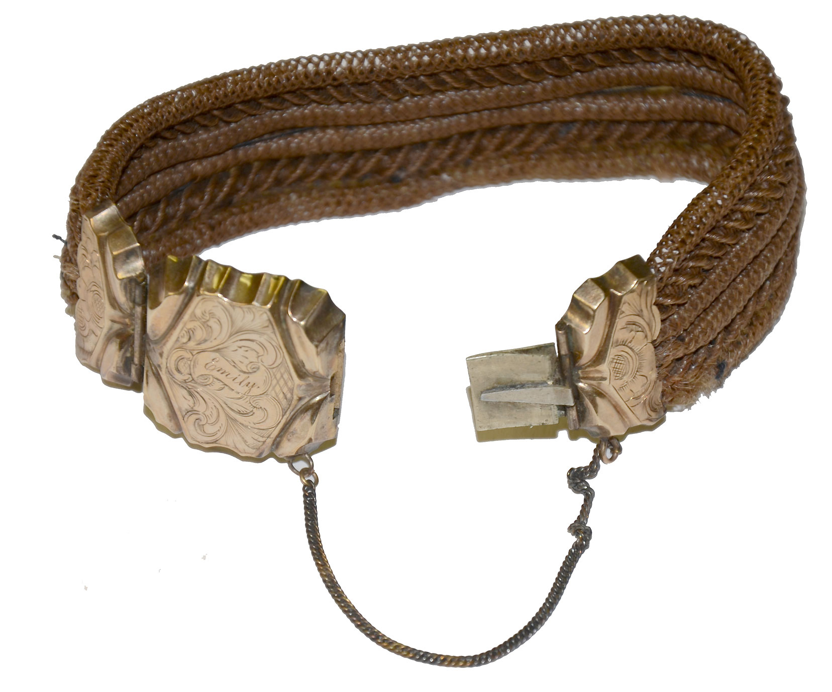 VICTORIAN HAIR JEWELRY BRACELET, ENGRAVED WITH “EMILY”