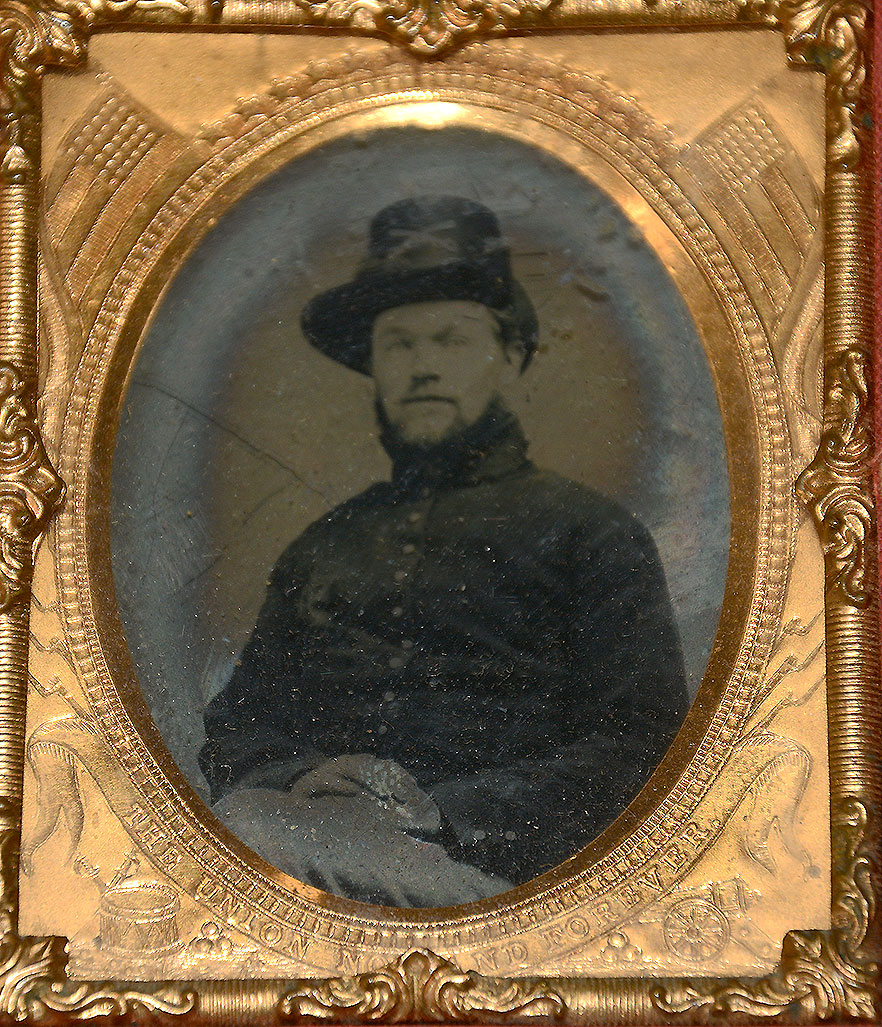 CIVIL WAR UNION CAVALRYMAN AMBROTYPE WITH PATRIOTIC MAT: “THE UNION NOW AND FOREVER.” 