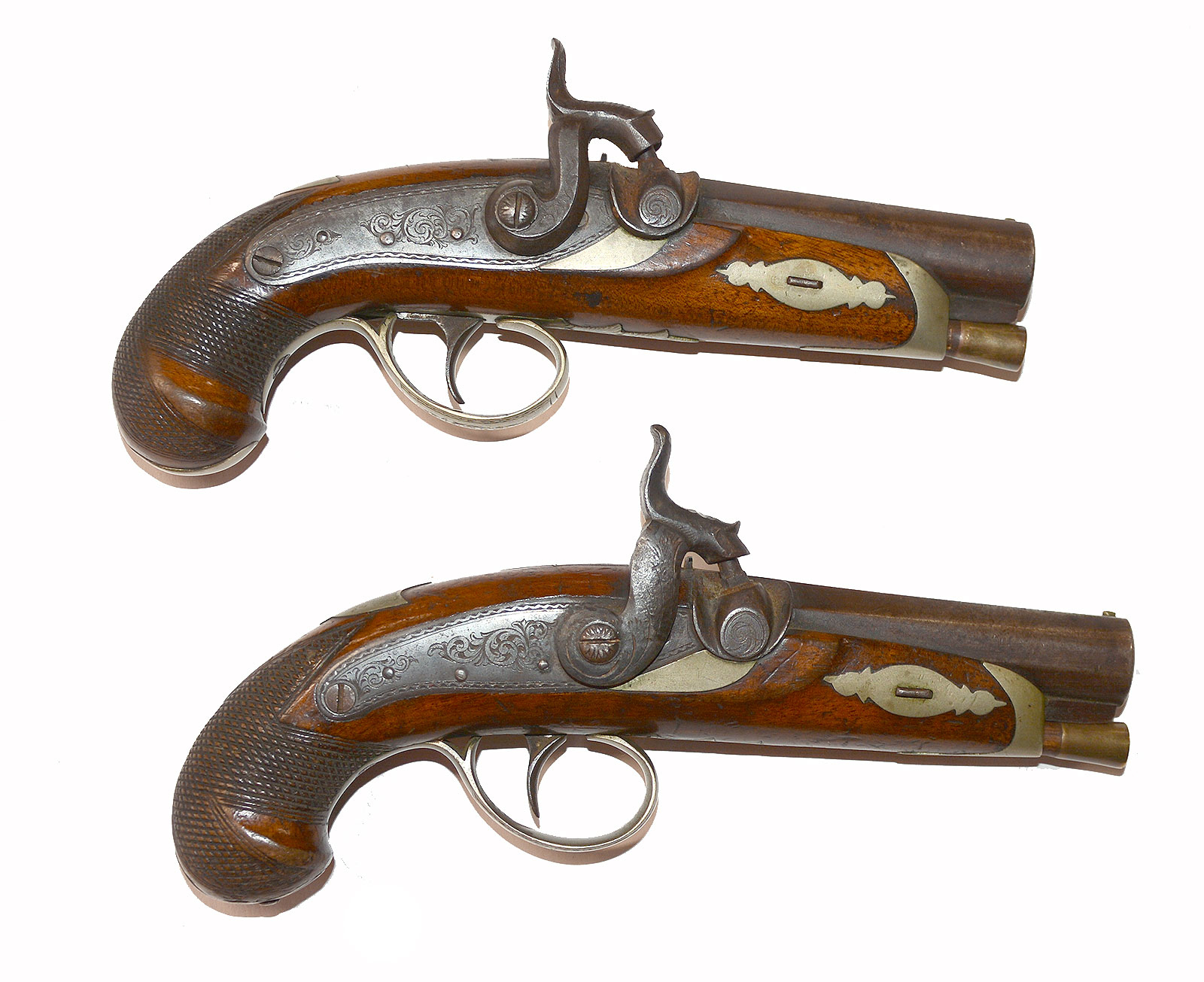 A FINE PAIR OF DERINGER-STYLE, SINGLE-SHOT POCKET PISTOLS IN WONDERFUL CONDITION