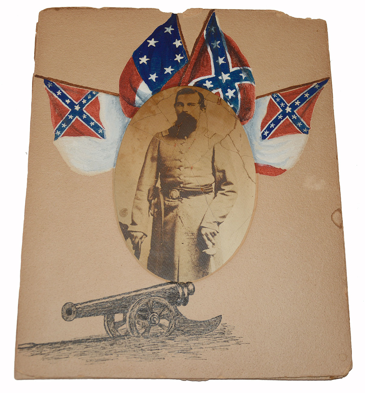 ID’D CONFEDERATE OFFICER ALBUMEN PHOTO IN PAINTED CS PATRIOTIC MAT