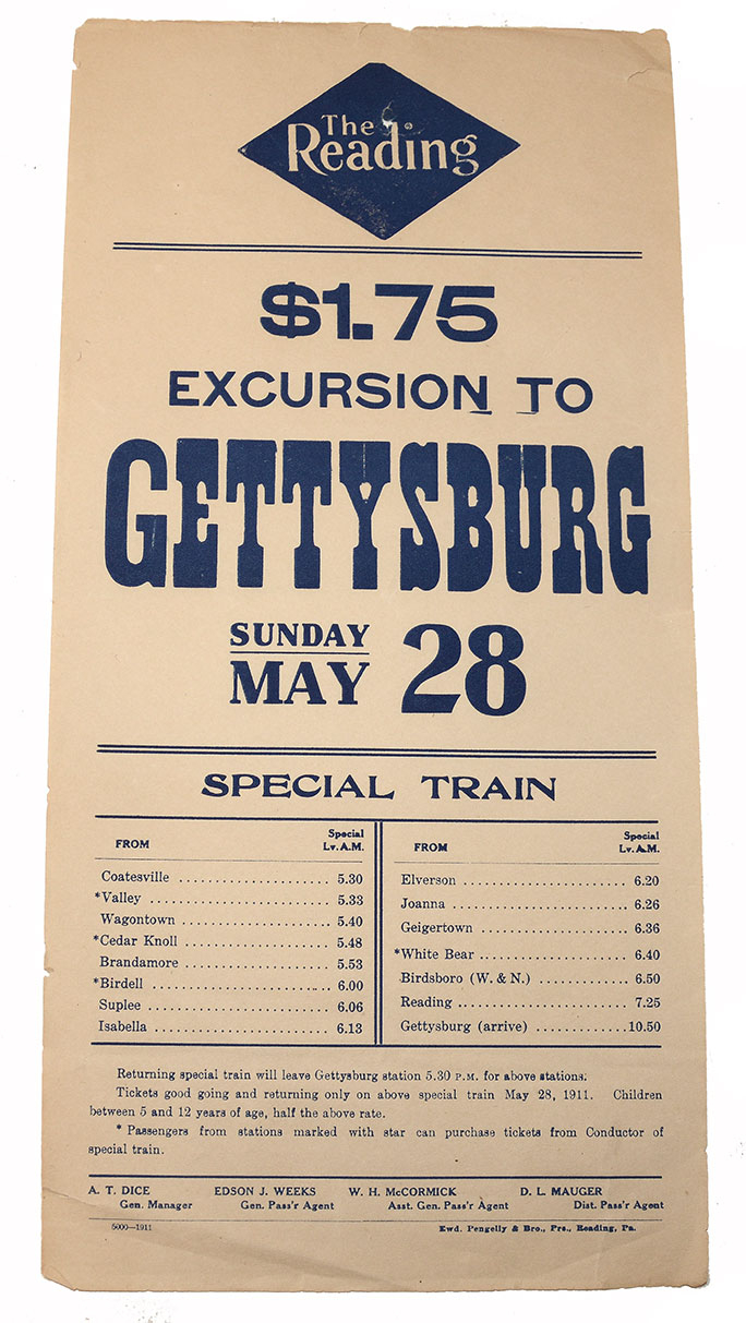 1911 READING RAILROAD GETTYSBURG EXCURSION BROADSIDE