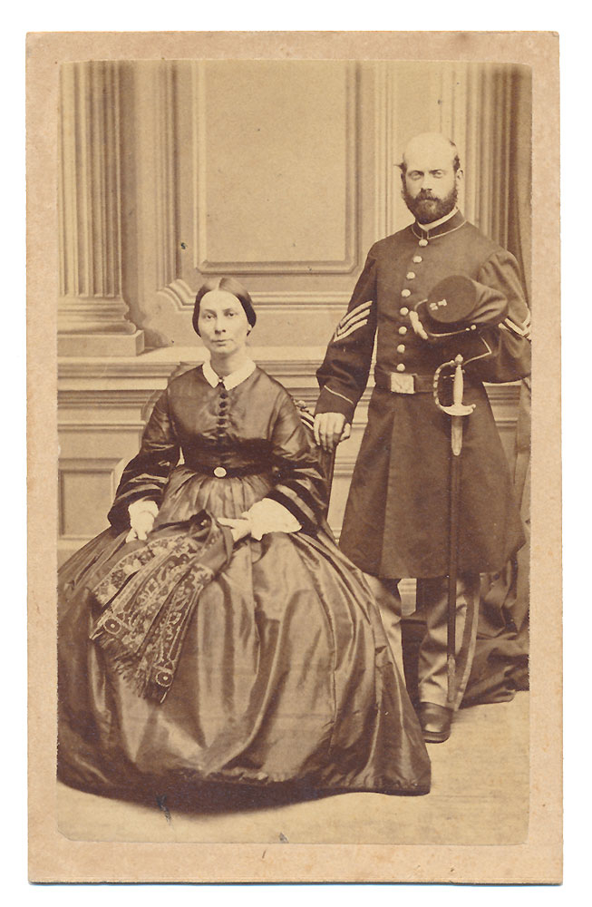 CDV PHOTOGRAPH OF UNIDENTIFIED SERGEANT & WIFE, COMPANY “F” 47TH MASS. INFANTRY
