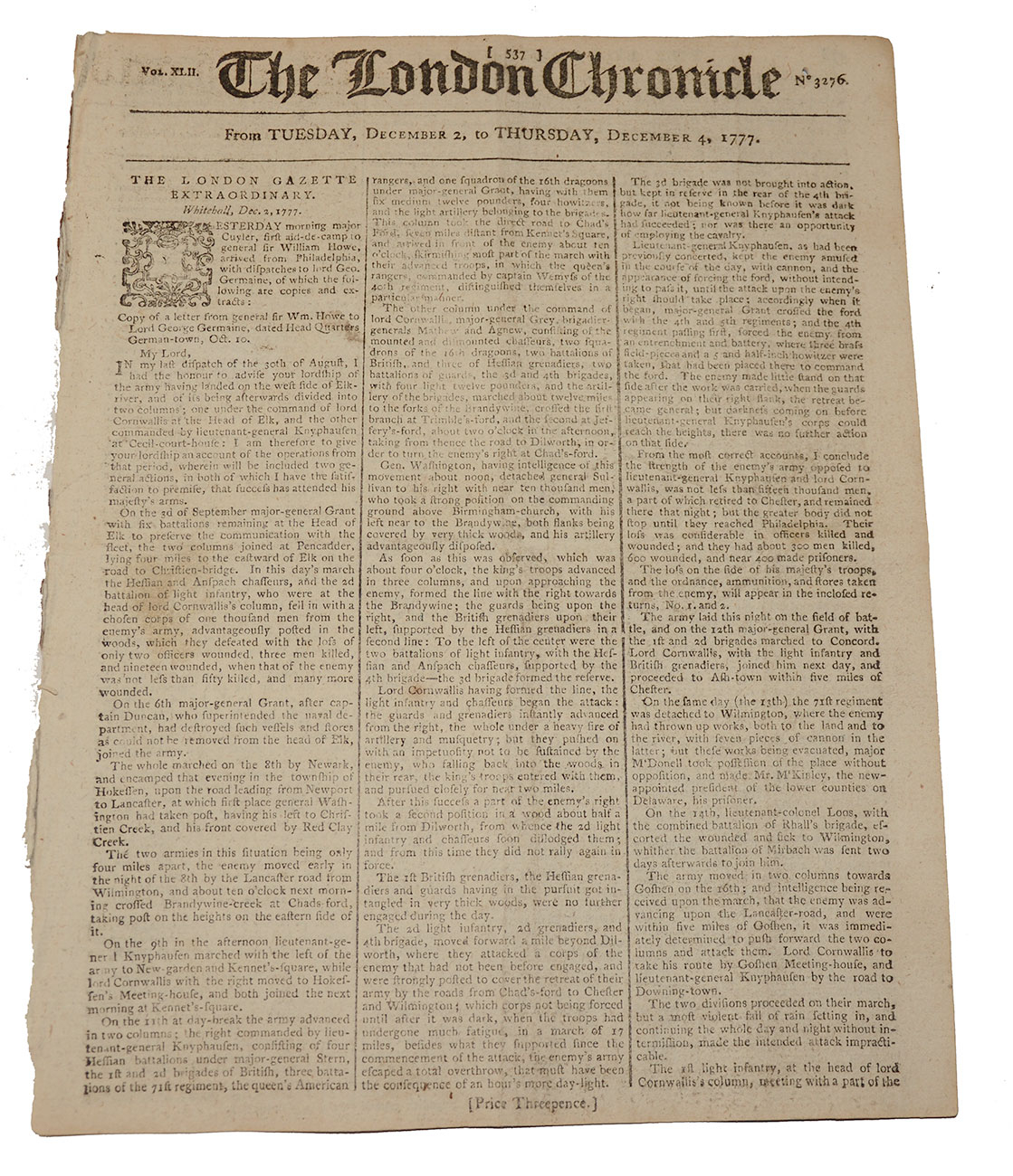 DECEMBER 1777 “THE LONDON CHRONICLE” WITH REPORT ON BATTLE OF BRANDYWINE, PAOLI, GERMANTOWN, FT. MERCER, FT. MIFFLIN