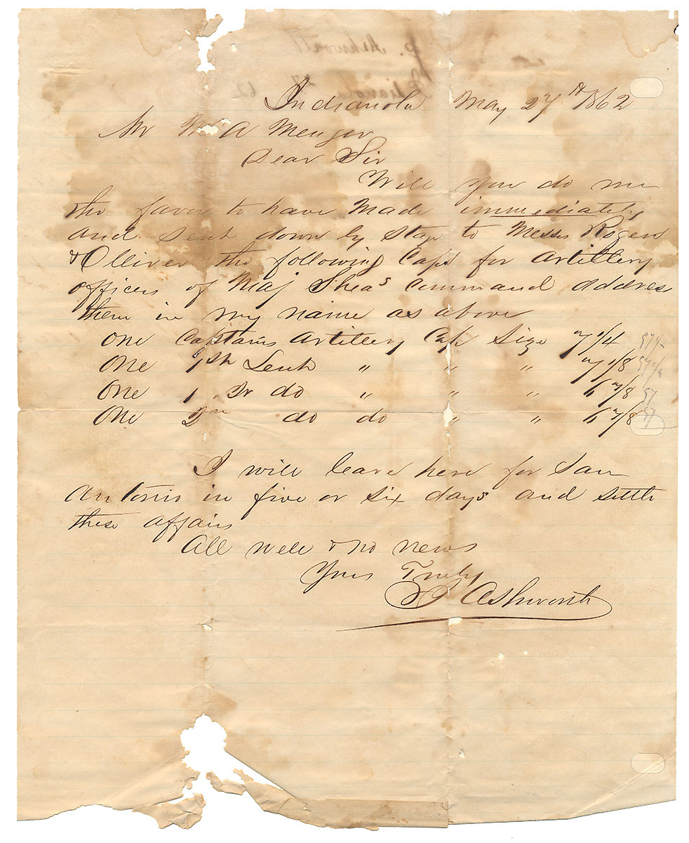 1862 LETTER TO W.A. MENGER IN SAN ANTONIO REQUESTING OFFICER’S KEPIS