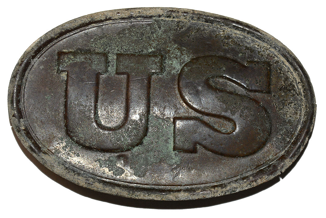 RELIC US PATTERN 1839 CARTRIDGE BOX PLATE FROM COLD HARBOR, RECOVERED BY BILL GAVIN