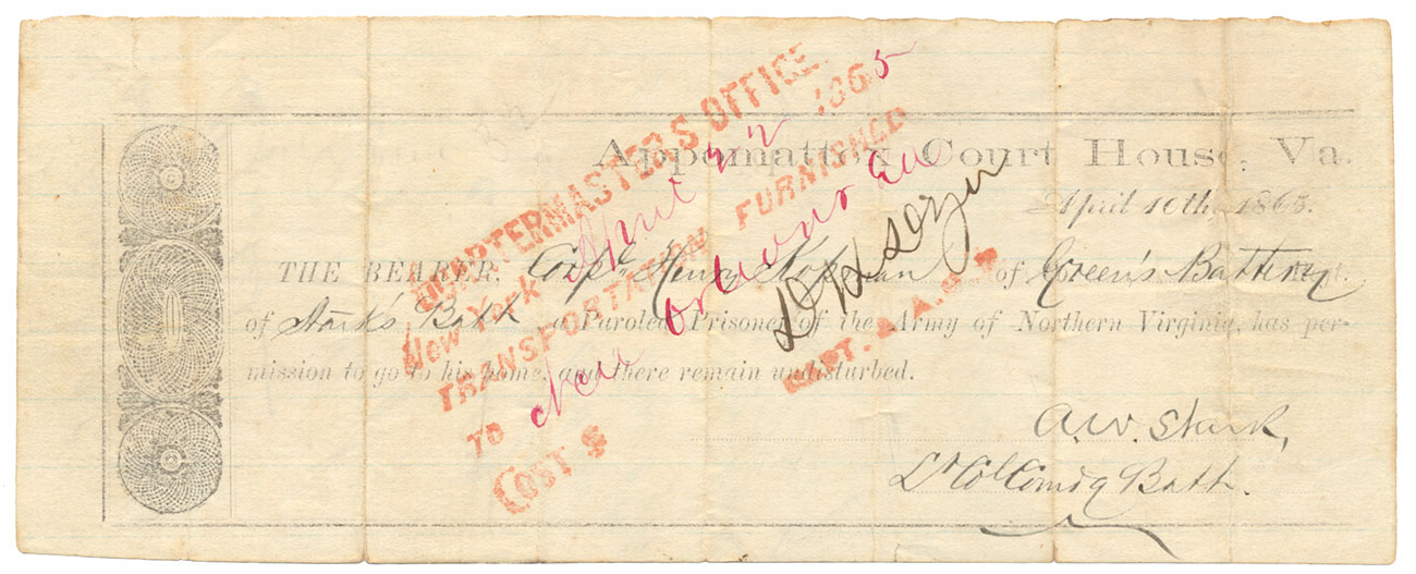 APPOMATTOX PAROLE OF CORPORAL HENRY KOPMAN, LOUISIANA GUARD ARTILLERY, APRIL 1861 TO APRIL 1865