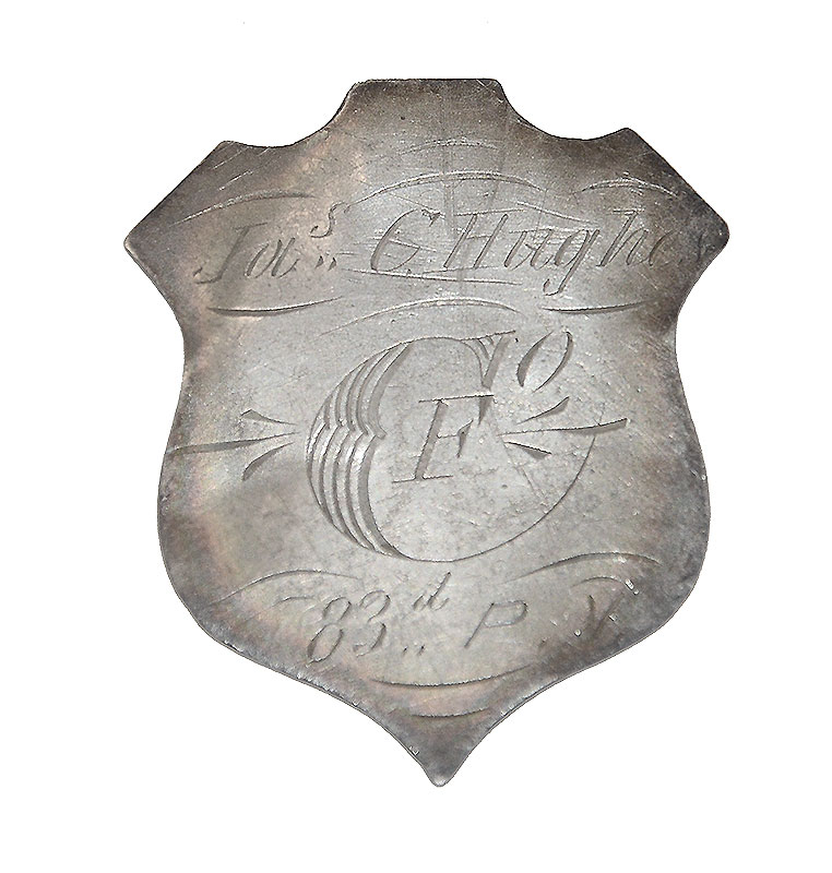 JEWELER-MADE IDENTIFICATION SHIELD OF JAMES C. HUGHES Co. F 83rd PENNSYLVANIA 