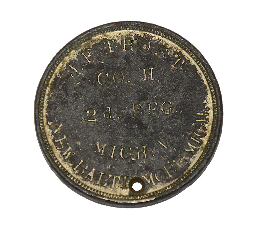 SCARCE F.B. SMITH MADE WASHINGTON BUST IDENTIFICATION TAG OF JOHN F. TROST, COMPANY H, 2nd MICHIGAN