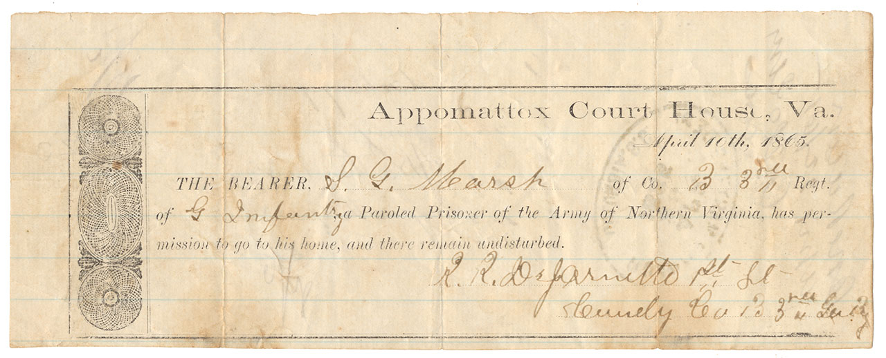 APPOMATTOX PAROLE OF SAMUEL GIDEON MARSH, COMPANY B 3rd GEORGIA INFANTRY