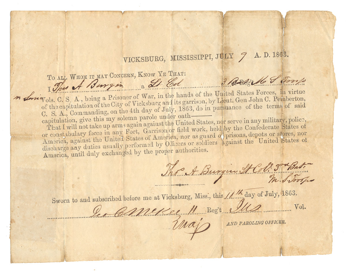 SCARCE VICKSBURG PAROLE: LT.  COL. T. A. BURGIN, COMMANDER OF THE 3rd MISSISSIPPI BATTALION, STATE TROOPS 