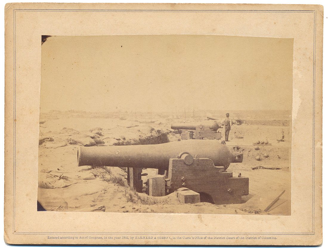 SMALL ALBUMEN PRINT OF A LARGE CANNON AT GLOUCESTER BY BRADY
