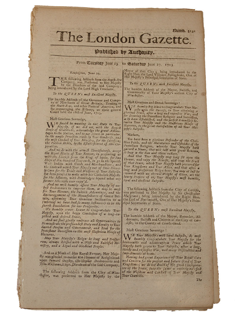 LOT OF 6 “THE LONDON GAZETTE” PAPERS (1713 - 1725)
