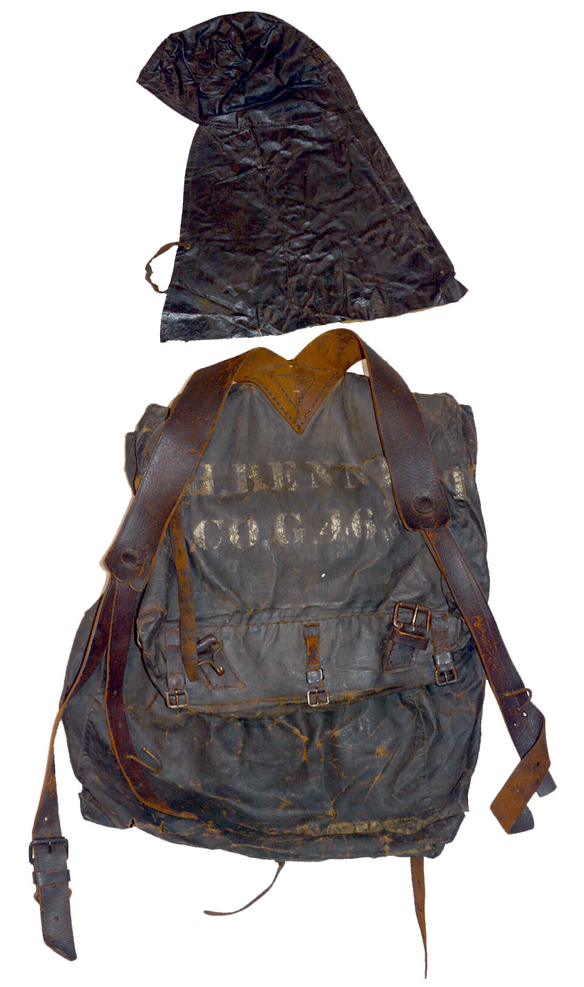 HAVELOCK STYLE RAIN COVER AND STENCILED KNAPSACK OF HENRY HARRISON BENNETT CO. G 46th MASS. 