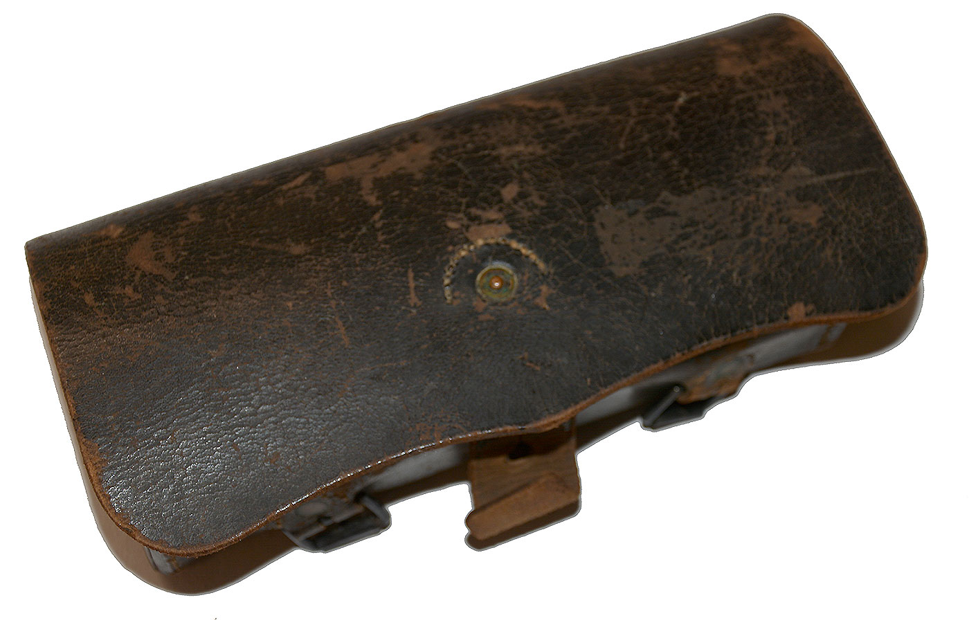 CIVIL WAR CAVALRY CARBINE CARTRIDGE BOX WITH MAKER’S STAMP AND WOOD BLOCK