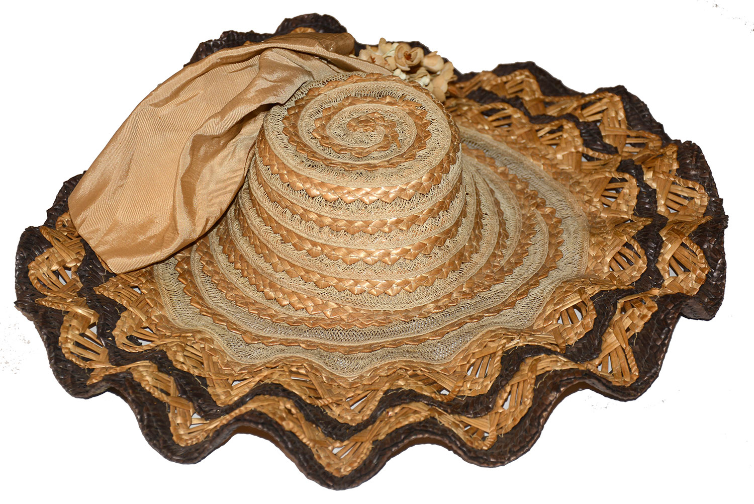 CIRCA 1890S TWO-TONED STRAW HAT WITH WAVED BRIM