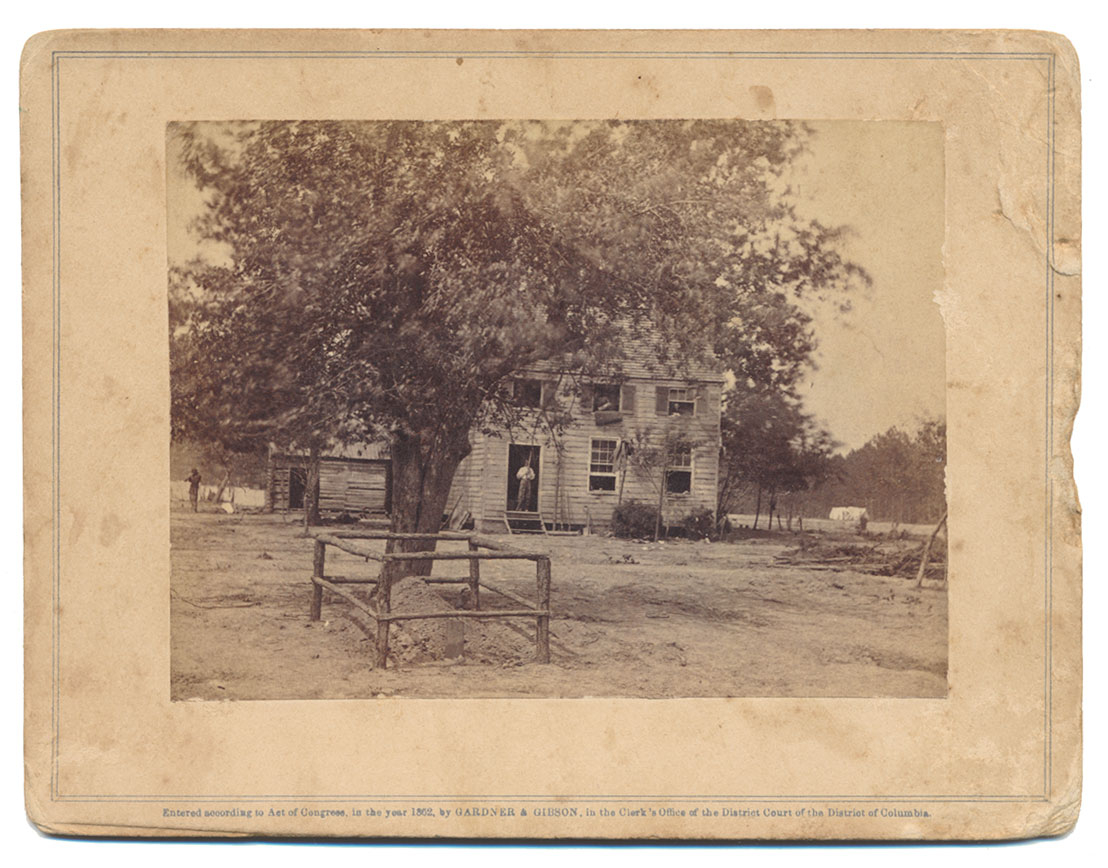 SMALL ALBUMEN PRINT OF FRAME HOUSE ON FAIR OAKS BATTLEFIELD - BRADY'S ALBUM GALLERY