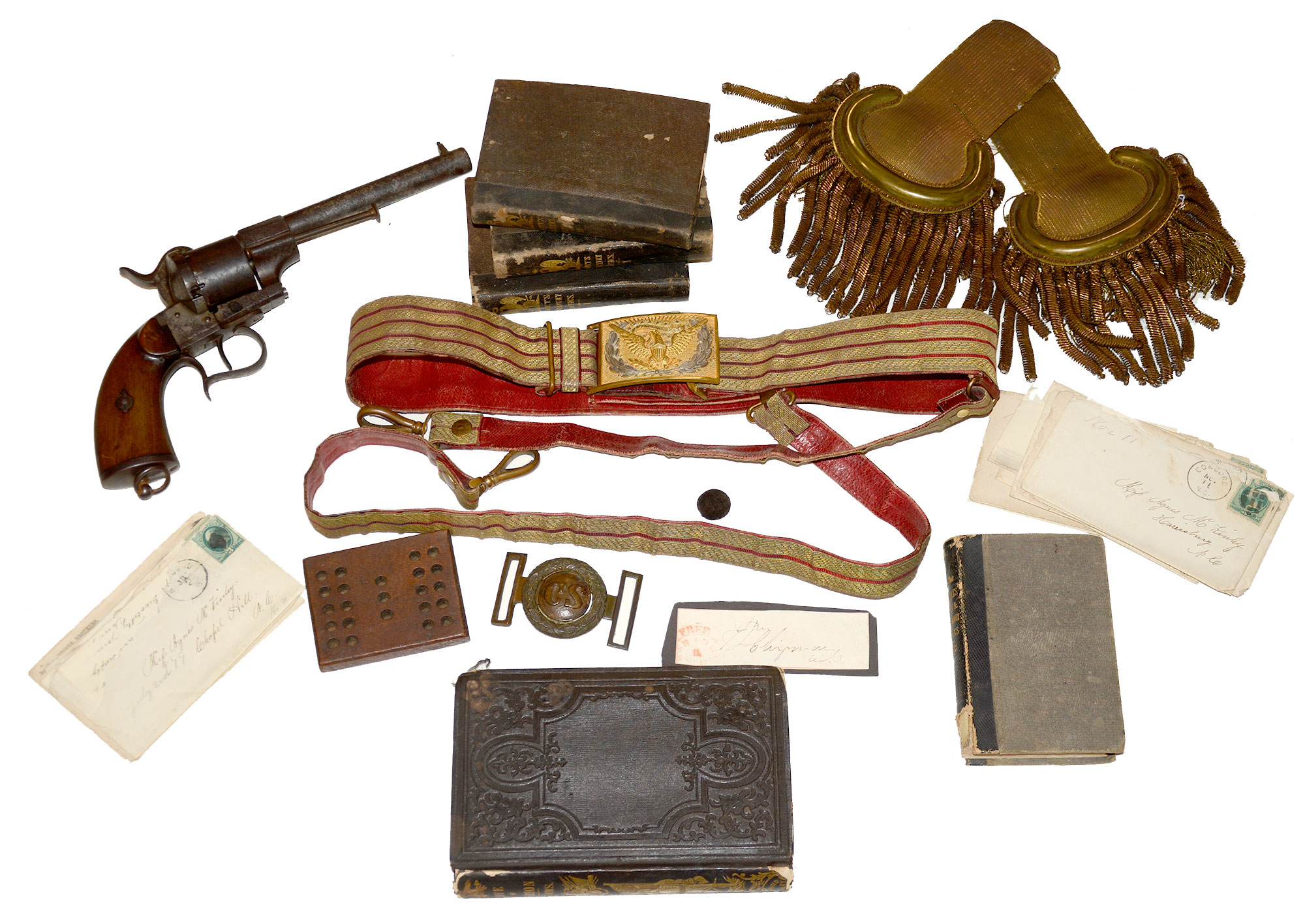 CONFEDERATE GENERAL THOMAS LANIER CLINGMAN: GENERAL’S SWORD BELT, REVOLVER, CS OFFICER’S PLATE, TACTICS BOOKS: EX-TEXAS CIVIL WAR MUSEUM