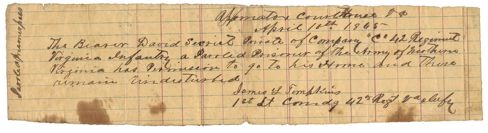 HANDWRITTEN APPOMATTOX PAROLE OF DAVID SECREST 42nd VIRGINIA