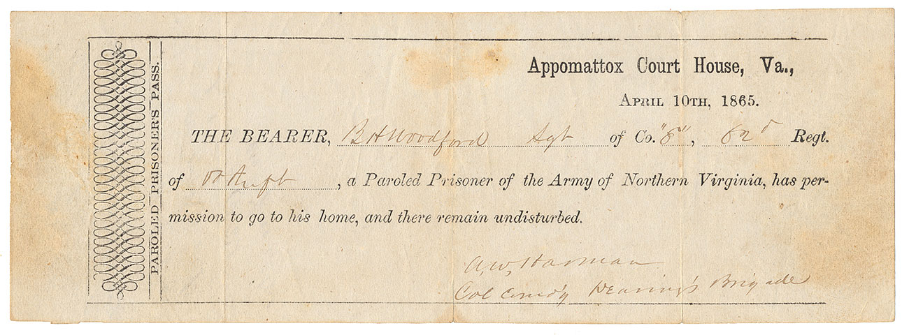 A NON-APPOMATTOX APPOMATTOX PAROLE AND OATH OF ALLEGIANCE: SERGEANT BENJAMIN H. WOODFORD, CO. E, 62nd VIRGINIA (MOUNTED) INFANTRY, WIA