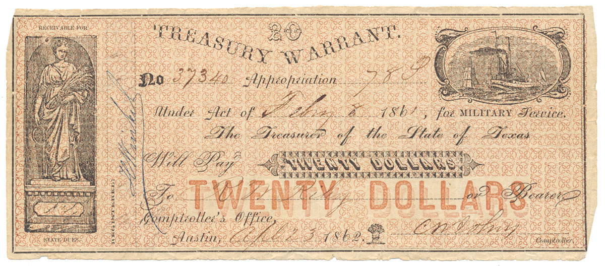 STATE OF TEXAS $20 TREASURY WARRANT, 1862
