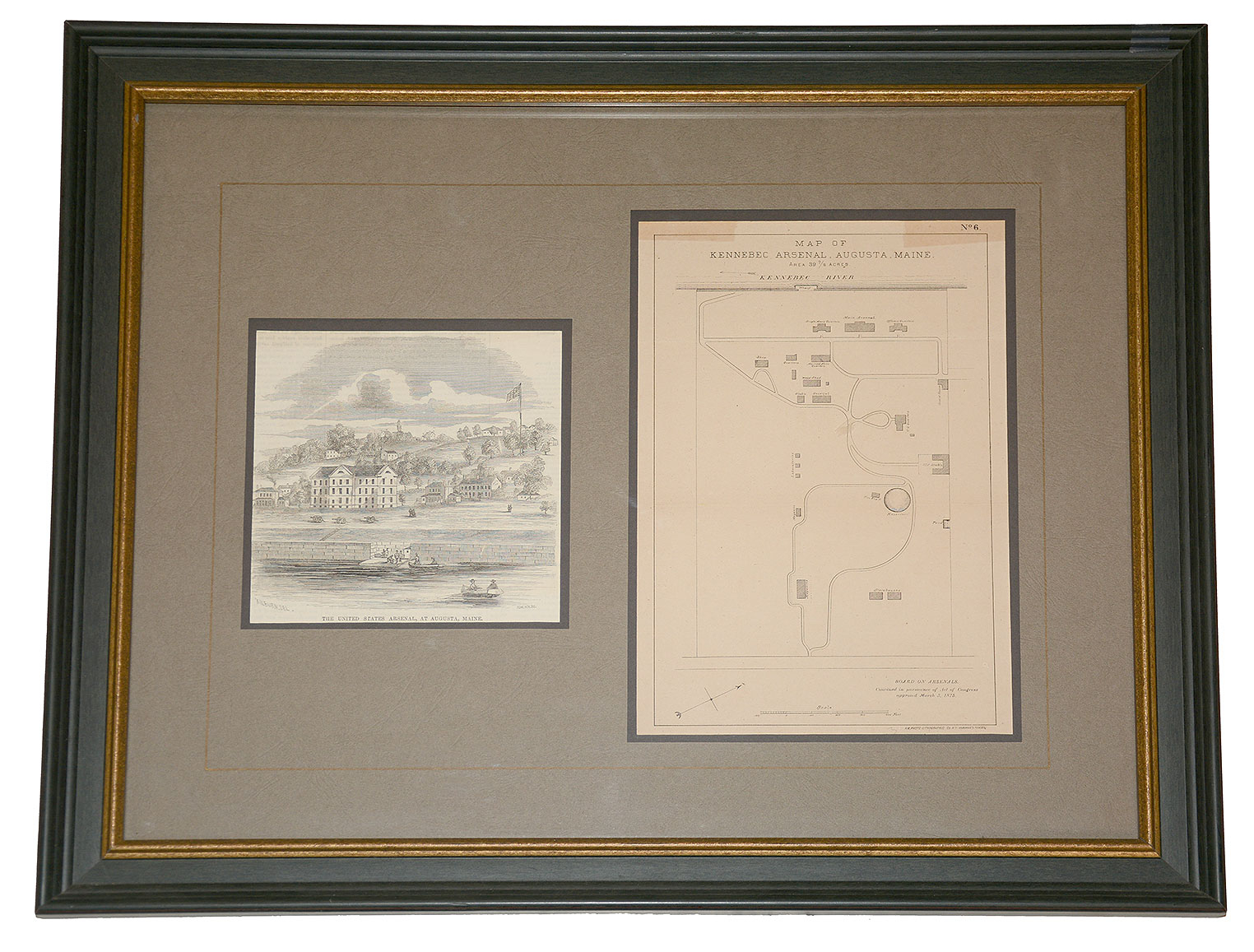 NICELY FRAMED ENGRAVING AND MAP OF KENNEBEC ARSENAL