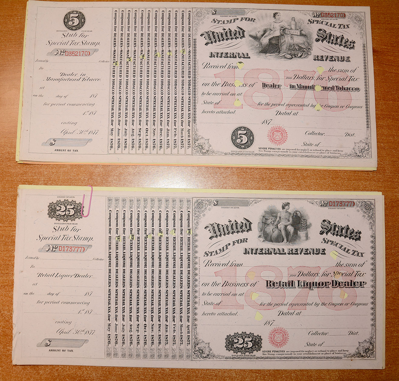 UNITED STATES INTERNAL REVENUE LIQUOR AND TOBACCO STAMP CERTIFICATES
