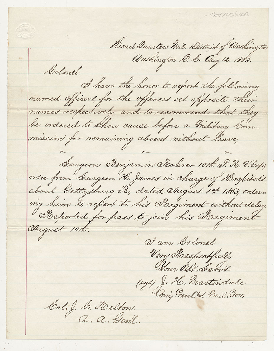 U.S MEDICAL DEPT. LETTER - SURGEON BENJAMIN ROHRER, 10TH REGIMENT PENNSYLVANIA RESERVE CORPS