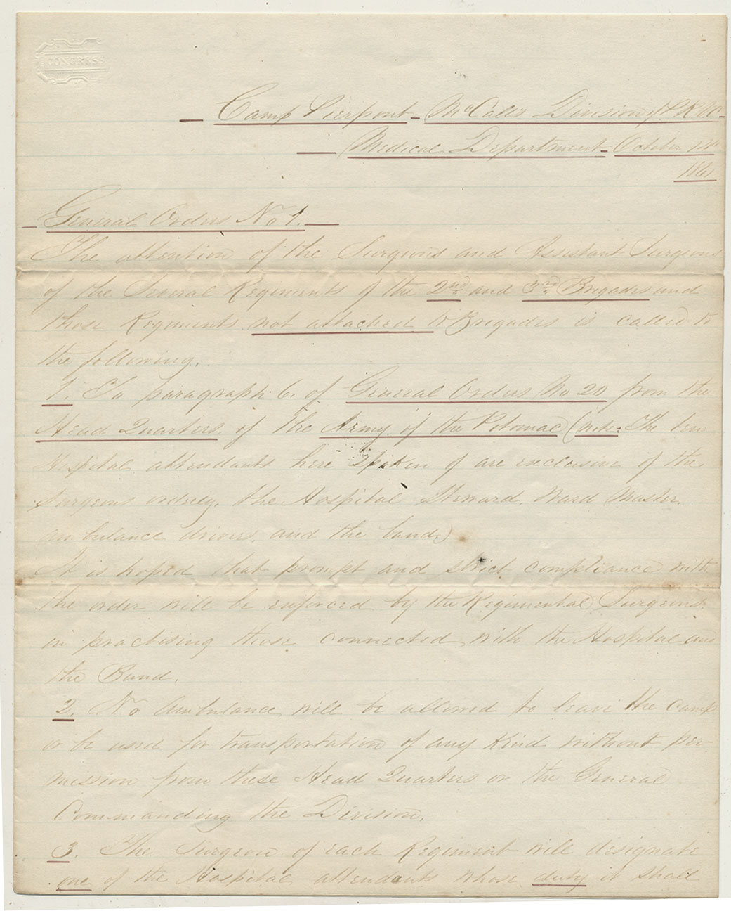 UNION MEDICAL DOCUMENT - McCALL’S  DIVISION OF PENNSYLVANIA RESERVE CORPS, GENERAL ORDER NUMBER 1