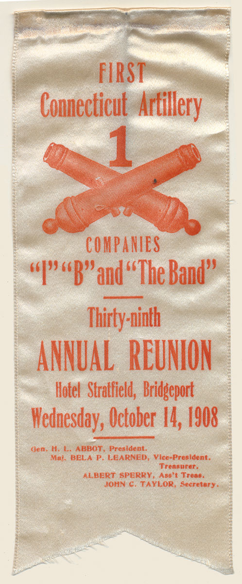 FIRST CONNECTICUT ARTILERY REUNION RIBBON – BRIDGEPORT, 1908