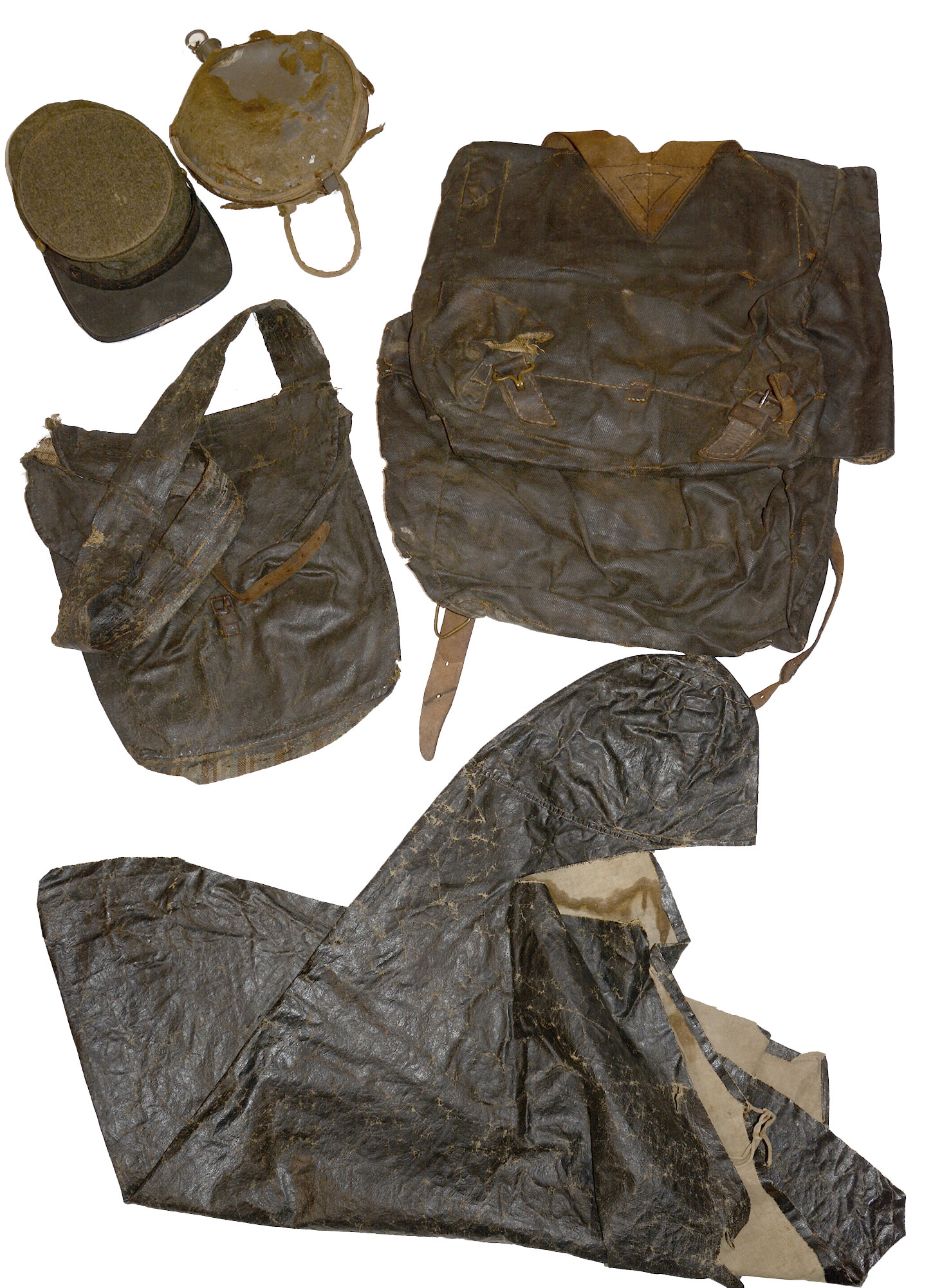 RARE MAINE GRAY FORAGE CAP; STENCILED HAVELOCK RAIN COVER AND STENCILED KNAPSACK; US HAVERSACK AND CANTEEN: PERLEY WHITTIER CO. K 24th MAINE