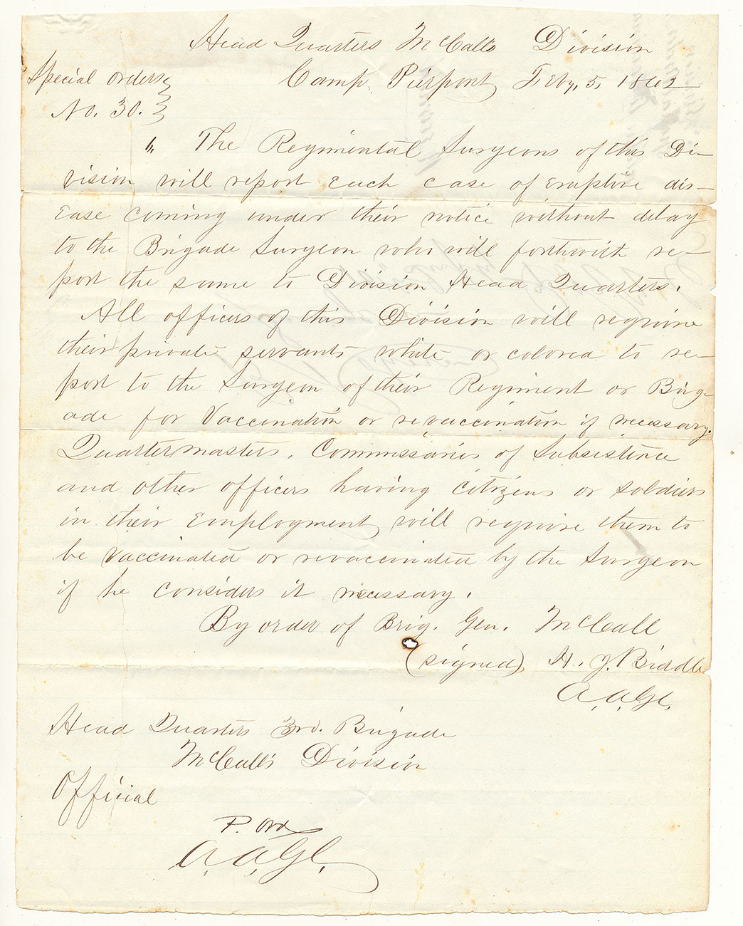 SPECIAL [MEDICAL] ORDERS NO. 30 - McCALL’S PENNSYLVANIA RESERVE DIVISION